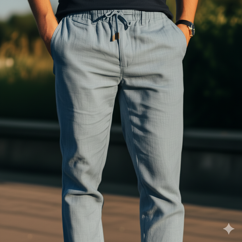 Calça Casual de Linho Azul